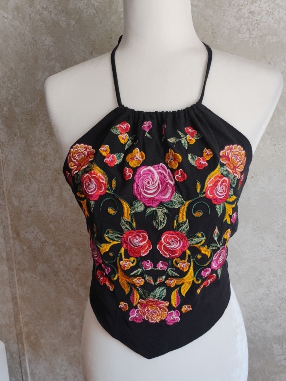 SHEIN Black Halter With Tie Back , Multicolor Floral Embroidery, Boho, Cotton